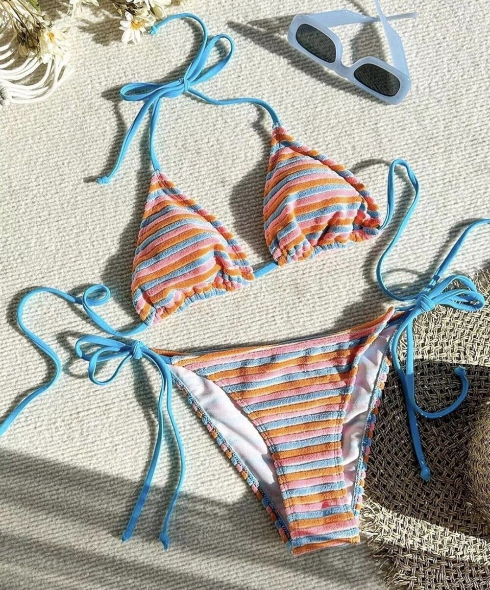 Women's Striped High Waisted Halter Triangle Bikini Swimsuit XS